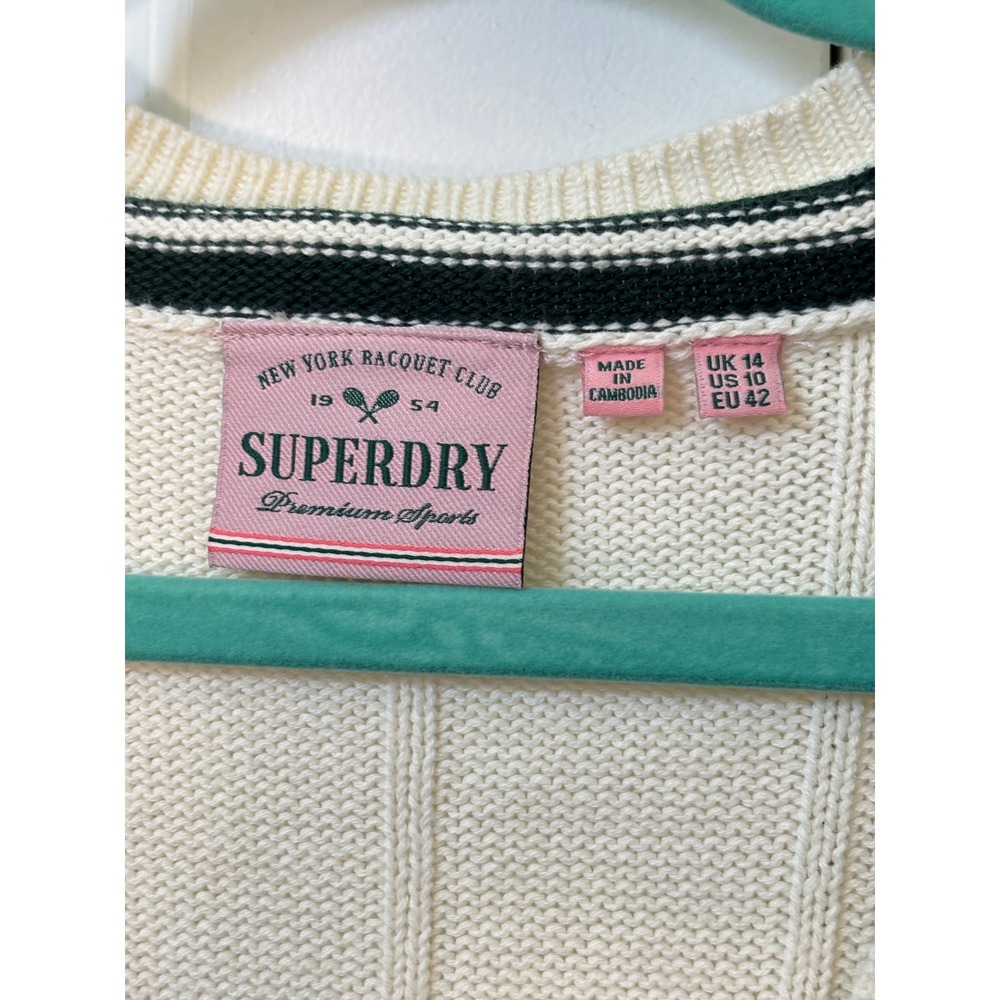 Superdry Cricket Club Jumper V-Neck Ribbed Sweater Cream Womens 10 Preppy - Picture 3 of 8